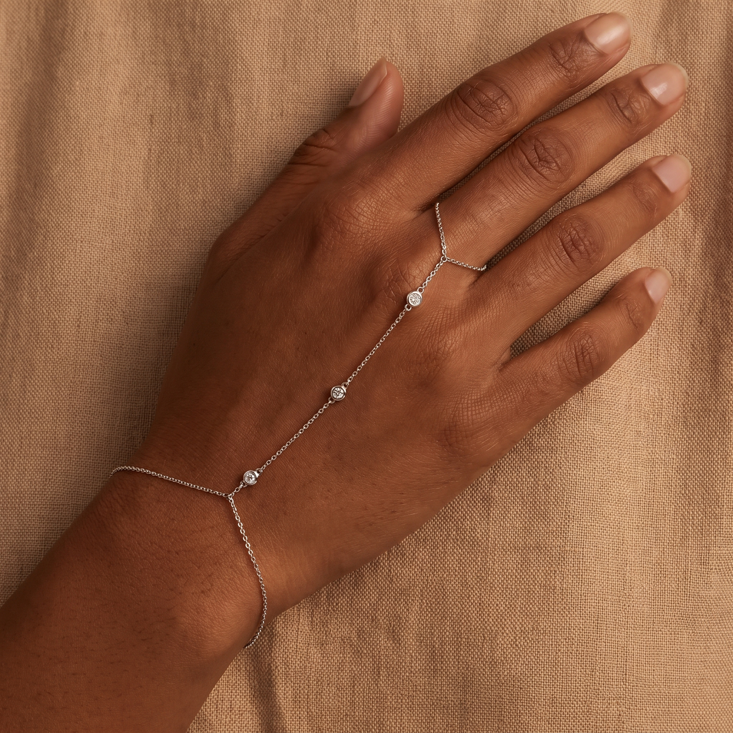 Beaded Moissanite Hand Chain - Silver