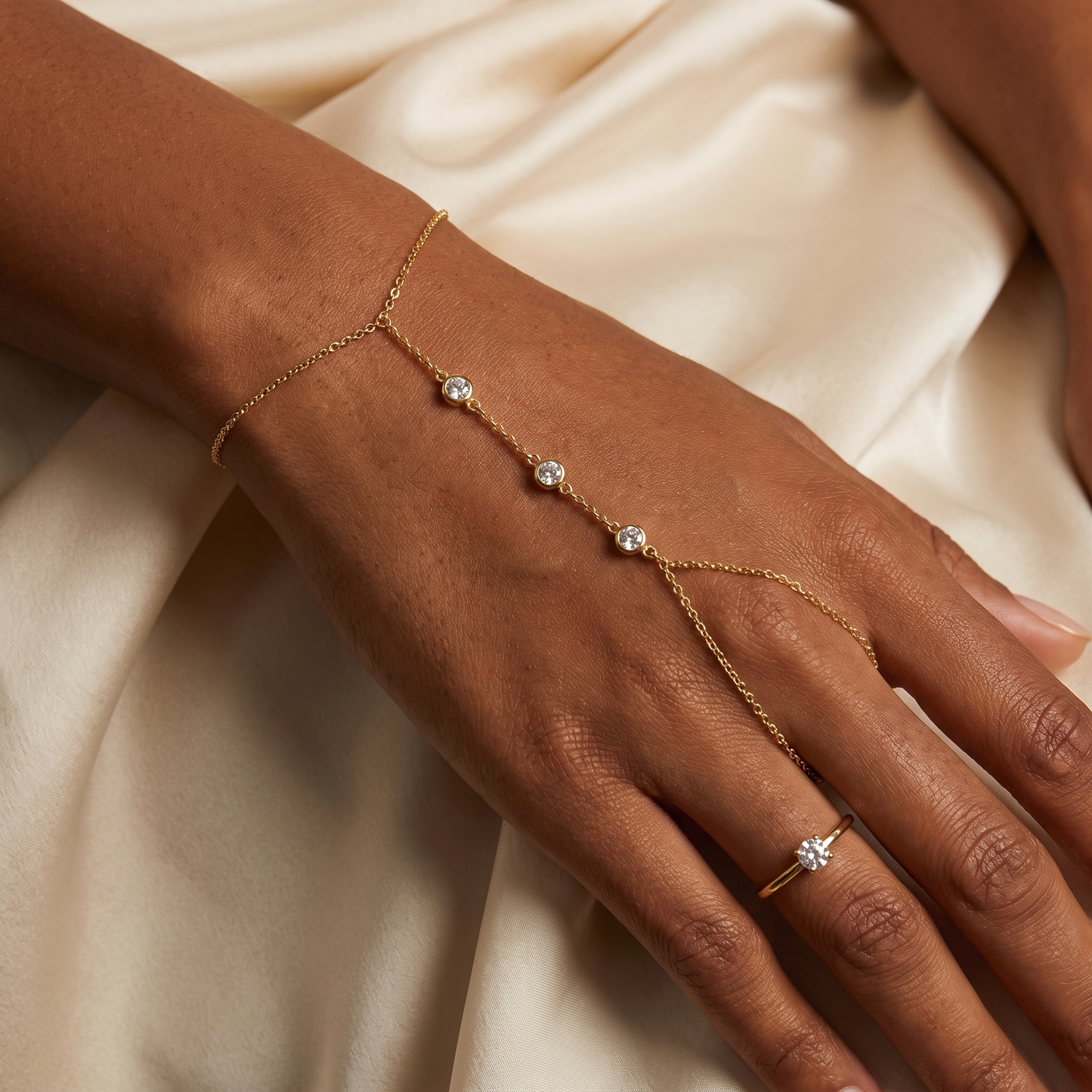 Beaded Moissanite Hand Chain - Gold