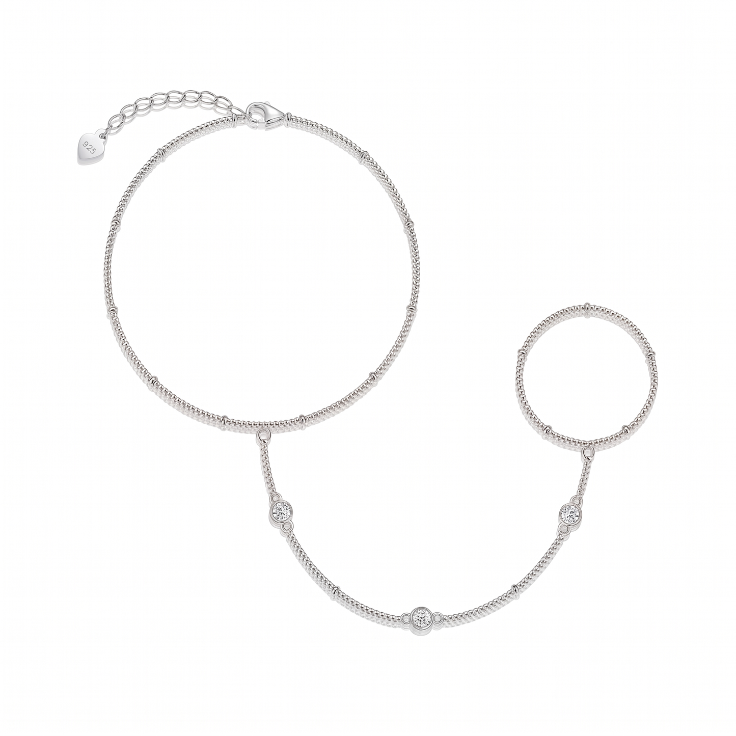 Beaded Moissanite Hand Chain - Silver