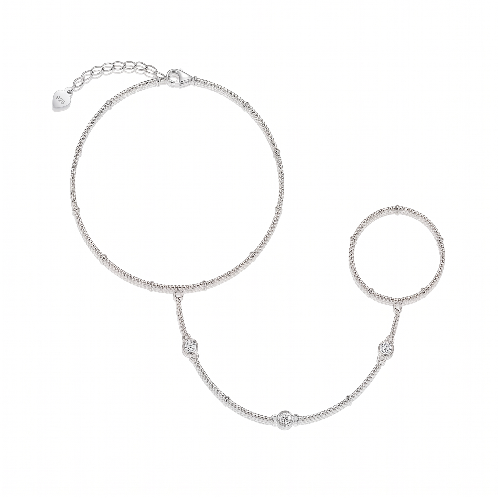 Beaded Moissanite Hand Chain - Silver